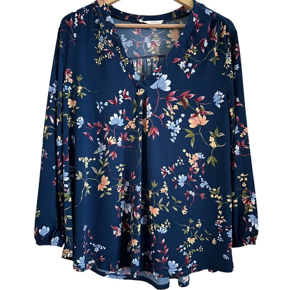 Two by Vince Camuto Floral Blouse | XL | Navy V-Neck Long Sleeve Top‎ | EUC |